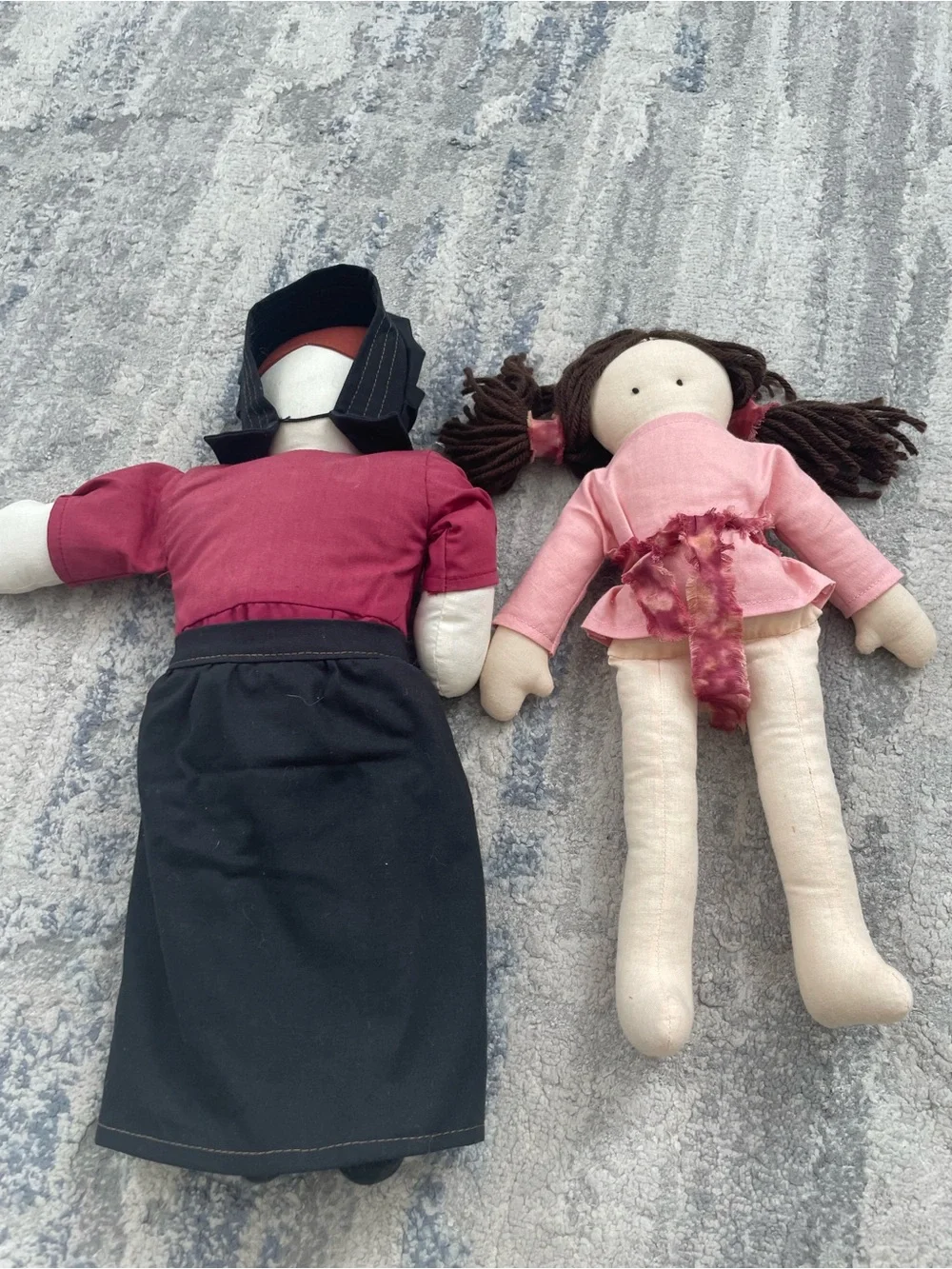 Lot of 2 Handmade Style Rag Cloth Girl Dolls Brown Straight Hair Black Eyes